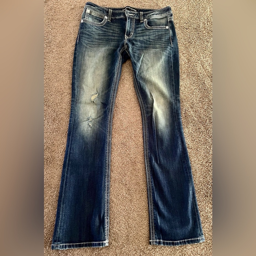 Express brand barely boot Stella low rise medium dark denim. Size 6 regular.